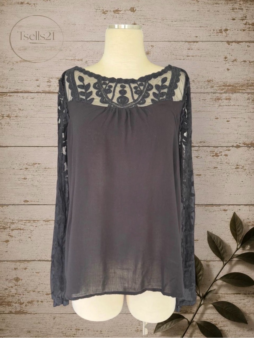Xhilaration Black Long Sleeve Lace Yoke Blouse - Size XL